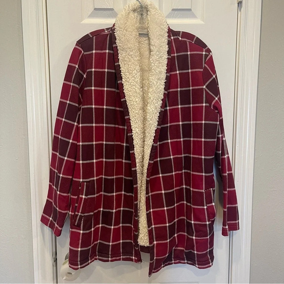 LL Bean Jacket Womens MP Red Plaid Sherpa Lined Open Pocket Collared Heavyweight - Picture 1 of 7